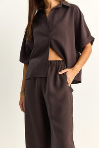Kadın Oversize Kısa Kol Gömlek Beli Lastikli Geniş Paça Pantolon Takım 7651 60286138 - Acı Kahve ALT - ÜST TAKIM modelleri