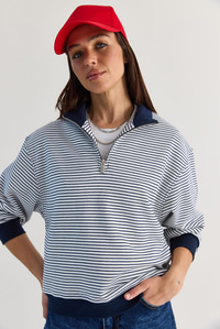 Kadın Oversize Polo Yaka Yarım Fermuarlı Çizgili Sweatshirt ÖS261005 60286586 - Lacivert SWEATSHİRT modelleri