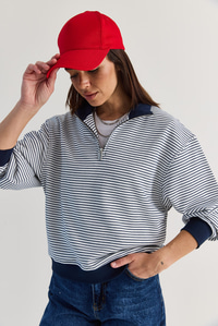 Kadın Oversize Polo Yaka Yarım Fermuarlı Çizgili Sweatshirt ÖS261005 60286586 - Lacivert SWEATSHİRT modelleri