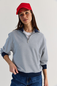 Kadın Oversize Polo Yaka Yarım Fermuarlı Çizgili Sweatshirt ÖS261005 60286586 - Lacivert SWEATSHİRT modelleri