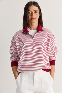 Kadın Oversize Polo Yaka Yarım Fermuarlı Çizgili Sweatshirt ÖS261005 60286586 - Bordo SWEATSHİRT modelleri