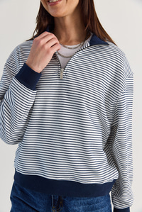 Kadın Oversize Polo Yaka Yarım Fermuarlı Çizgili Sweatshirt ÖS261005 60286586 - Lacivert SWEATSHİRT modelleri