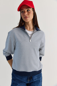 Kadın Oversize Polo Yaka Yarım Fermuarlı Çizgili Sweatshirt ÖS261005 60286586 - Lacivert SWEATSHİRT modelleri