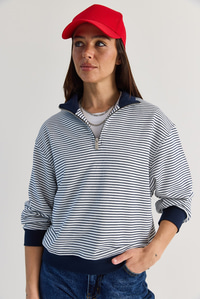 Kadın Oversize Polo Yaka Yarım Fermuarlı Çizgili Sweatshirt ÖS261005 60286586 - Lacivert SWEATSHİRT modelleri