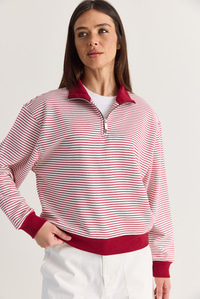 Kadın Oversize Polo Yaka Yarım Fermuarlı Çizgili Sweatshirt ÖS261005 60286586 - Bordo SWEATSHİRT modelleri