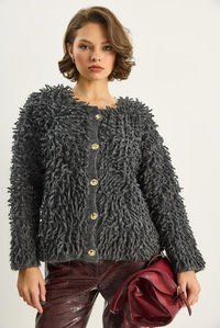 Kadın Oversize Saçaklı Triko Hırka 9062 60283750 - Antrasit HIRKA modelleri