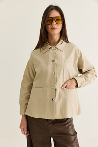 Kadın Paraşüt Kumaş Cep Detaylı Çıtçıtlı Arkası Yırtmaçlı Oversize Gömlek Ceket 7063 60286674 - Bej CEKET modelleri