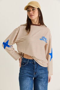 Kadın Paris 1975 Baskılı Yıldız Detaylı Çizgili Bisiklet Yaka Oversize Sweatshirt 927-2 60286670 - Kahverengi-Sarı SWEATSHİRT modelleri