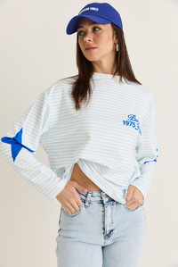 Kadın Paris 1975 Baskılı Yıldız Detaylı Çizgili Bisiklet Yaka Oversize Sweatshirt 927-2 60286670 - Mavi-Beyaz SWEATSHİRT modelleri