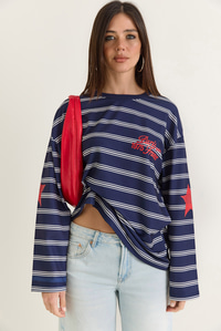 Kadın Paris Baskılı Çizgili Bisiklet Yaka Oversize Sweatshirt 2385 60286650 - Lacivert SWEATSHİRT modelleri
