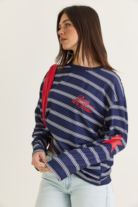 Kadın Paris Baskılı Çizgili Bisiklet Yaka Oversize Sweatshirt 2385 60286650 - Lacivert SWEATSHİRT modelleri