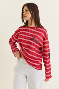 Kadın Paris Baskılı Çizgili Bisiklet Yaka Oversize Sweatshirt 2385 60286650 - Kırmızı SWEATSHİRT modelleri