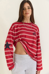 Kadın Paris Baskılı Çizgili Bisiklet Yaka Oversize Sweatshirt 2385 60286650 - Kırmızı SWEATSHİRT modelleri