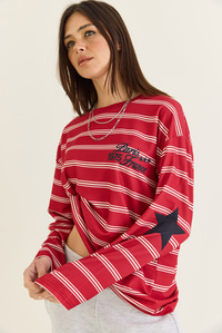 Kadın Paris Baskılı Çizgili Bisiklet Yaka Oversize Sweatshirt 2385 60286650 - Kırmızı SWEATSHİRT modelleri
