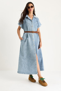 Kadın Pile Detaylı Kemerli Düğmeli Çift Cepli Denim Elbise 60283440 - Buz Mavisi