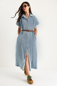 Kadın Pile Detaylı Kemerli Düğmeli Çift Cepli Denim Elbise 60283440 - Buz Mavisi