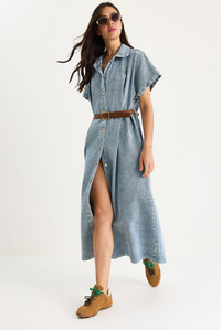 Kadın Pile Detaylı Kemerli Düğmeli Çift Cepli Denim Elbise 60283440 - Buz Mavisi