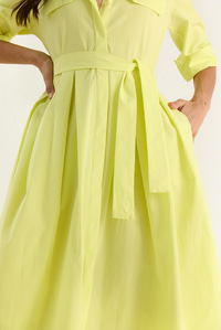 Kadın Pile Etekli Cep Detaylı Kuşaklı Poplin Midi Elbise 8441 60283445 - Limon Sarısı