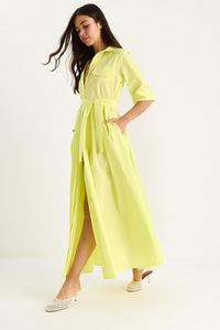 Kadın Pile Etekli Cep Detaylı Kuşaklı Poplin Midi Elbise 8441 60283445 - Limon Sarısı