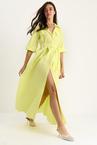 Kadın Pile Etekli Cep Detaylı Kuşaklı Poplin Midi Elbise 8441 60283445 - Limon Sarısı