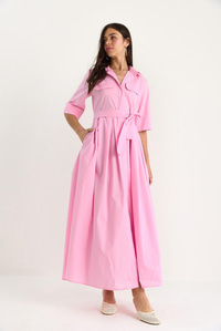 Kadın Pile Etekli Cep Detaylı Kuşaklı Poplin Midi Elbise 8441 60283445 - Şeker Pembe