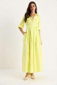 Kadın Pile Etekli Cep Detaylı Kuşaklı Poplin Midi Elbise 8441 60283445 - Limon Sarısı