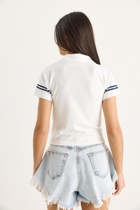 Kadın Polo Yaka Baskılı Kısa Kollu Crop T-Shirt 4004 60283401 - Beyaz
