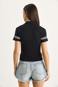 Kadın Polo Yaka Baskılı Kısa Kollu Crop T-Shirt 4004 60283401 - Siyah