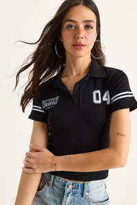 Kadın Polo Yaka Baskılı Kısa Kollu Crop T-Shirt 4004 60283401 - Siyah