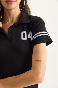Kadın Polo Yaka Baskılı Kısa Kollu Crop T-Shirt 4004 60283401 - Siyah