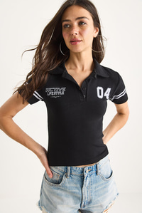 Kadın Polo Yaka Baskılı Kısa Kollu Crop T-Shirt 4004 60283401 - Siyah