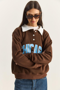 Kadın Polo Yaka Chicago Baskılı Üç İplik Şardonlu Sweatshirt 60601050 - Acı Kahve SWEATSHİRT modelleri