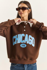Kadın Polo Yaka Chicago Baskılı Üç İplik Şardonlu Sweatshirt 60601050 - Acı Kahve SWEATSHİRT modelleri
