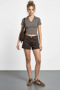Kadın Polo Yaka Çizgili Kaşkorse Crop Basic T-Shirt 60284011 - Kahverengi-Bej T-SHİRT modelleri