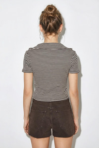 Kadın Polo Yaka Çizgili Kaşkorse Crop Basic T-Shirt 60284011 - Kahverengi-Bej T-SHİRT modelleri