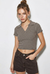 Kadın Polo Yaka Çizgili Kaşkorse Crop Basic T-Shirt 60284011 - Kahverengi-Bej T-SHİRT modelleri
