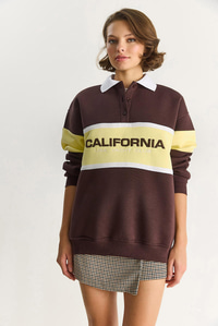 Kadın Polo Yaka Düğmeli California Yazılı Nakış Detaylı Oversize Kadın Sweatshirt 10009 60283563 - Kahverengi SWEATSHİRT modelleri