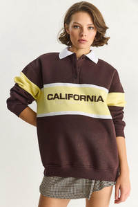 Kadın Polo Yaka Düğmeli California Yazılı Nakış Detaylı Oversize Kadın Sweatshirt 10009 60283563 - Kahverengi SWEATSHİRT modelleri