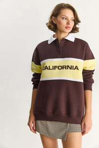 Kadın Polo Yaka Düğmeli California Yazılı Nakış Detaylı Oversize Kadın Sweatshirt 10009 60283563 - Kahverengi SWEATSHİRT modelleri