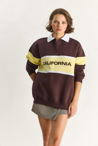 Kadın Polo Yaka Düğmeli California Yazılı Nakış Detaylı Oversize Kadın Sweatshirt 10009 60283563 - Kahverengi SWEATSHİRT modelleri