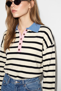 Kadın Polo Yaka Düğmeli Çizgili Oversize Triko Kazak 2755 60286484 - Siyah-Mavi KAZAK modelleri