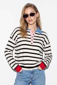 Kadın Polo Yaka Düğmeli Çizgili Oversize Triko Kazak 2755 60286484 - Siyah-Mavi KAZAK modelleri
