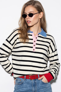 Kadın Polo Yaka Düğmeli Çizgili Oversize Triko Kazak 2755 60286484 - Siyah-Mavi KAZAK modelleri