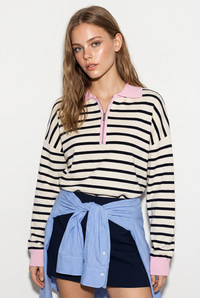 Kadın Polo Yaka Fermuarlı Çizgili Oversize Triko Kazak 2757 60286481 - Lacivert-Pembe KAZAK modelleri