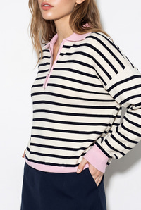 Kadın Polo Yaka Fermuarlı Çizgili Oversize Triko Kazak 2757 60286481 - Lacivert-Pembe KAZAK modelleri