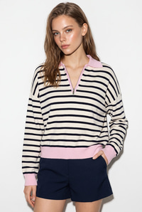 Kadın Polo Yaka Fermuarlı Çizgili Oversize Triko Kazak 2757 60286481 - Lacivert-Pembe KAZAK modelleri