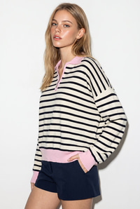 Kadın Polo Yaka Fermuarlı Çizgili Oversize Triko Kazak 2757 60286481 - Lacivert-Pembe KAZAK modelleri