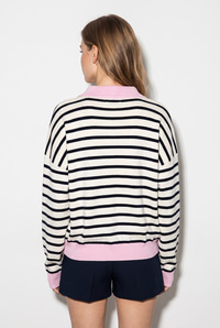 Kadın Polo Yaka Fermuarlı Çizgili Oversize Triko Kazak 2757 60286481 - Lacivert-Pembe KAZAK modelleri