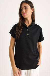 Kadın Polo Yaka Oval Etek Uçlu Rahat T-Shirt 4070 60283402 - Siyah