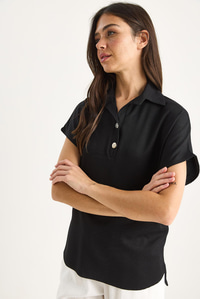 Kadın Polo Yaka Oval Etek Uçlu Rahat T-Shirt 4070 60283402 - Siyah